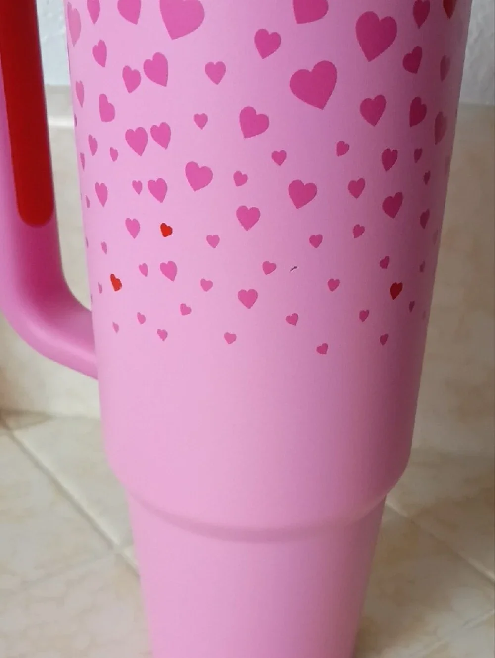Stanley Pink Travel Mug with Red Logo and Heart Pattern Accent - Picture 6 of 6